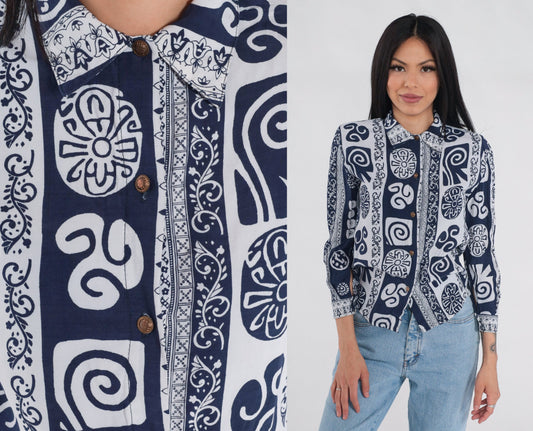 90s Abstract Print Button-Up Blouse Navy White Long Sleeve XS