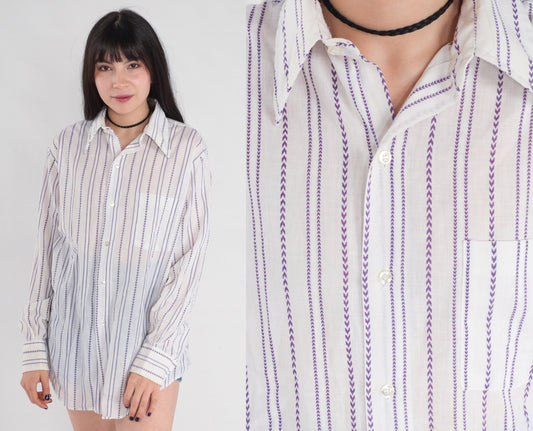 70s White Purple Chevron Striped Oxford Button-Up Shirt Cotton Mens Medium