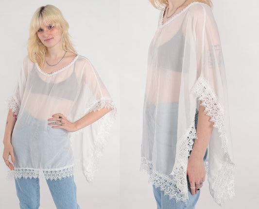 90s White Lace Poncho Top Sheer Crochet Cape Blouse One Size