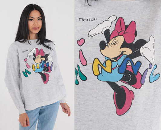 90s Minnie Mouse Disney Florida Sweatshirt Grey Graphic Crewneck Large L