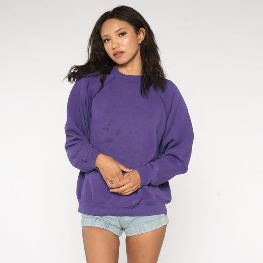 80s Purple Raglan Sweatshirt Distressed Crewneck Slouchy Large L