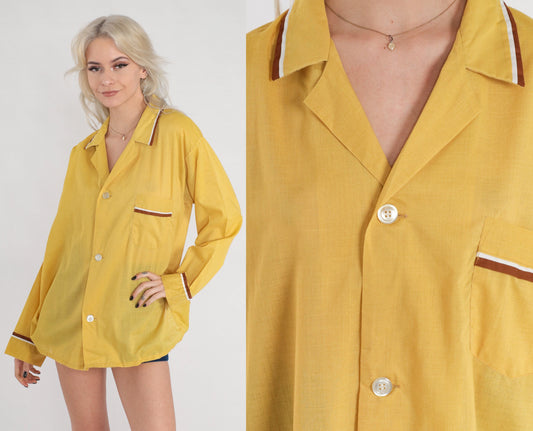 70s Selkirk Mustard Yellow Pajama Shirt Button-Up Long Sleeve Large