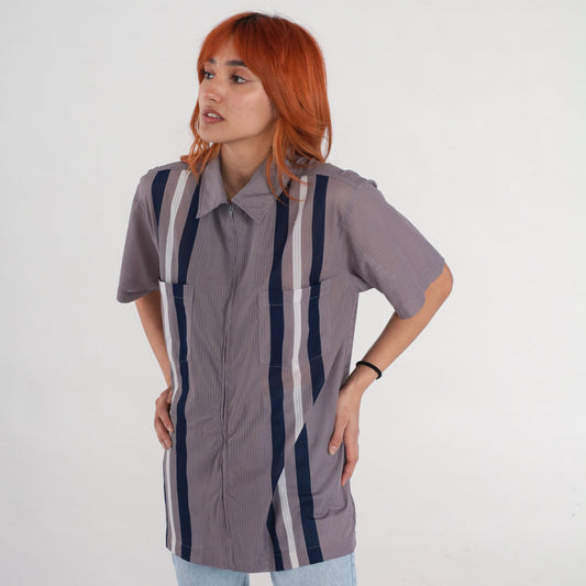 90s Grey Striped Zip-Up Shirt Short Sleeve Semi-Sheer Blouse Medium