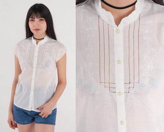 70s White Floral Embroidered Cutout Blouse Cap Sleeve Button Up Extra Small