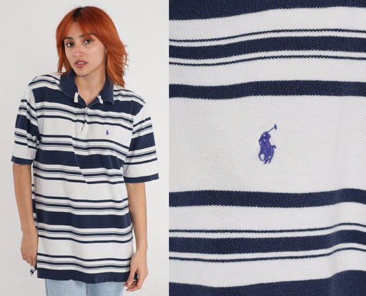 90s Polo Golf Ralph Lauren Striped Quarter-Button Shirt White Navy Men's Large