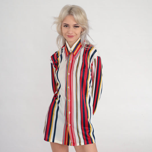 70s Striped Dagger Collar Button-Up Shirt White Red Yellow Blue Medium