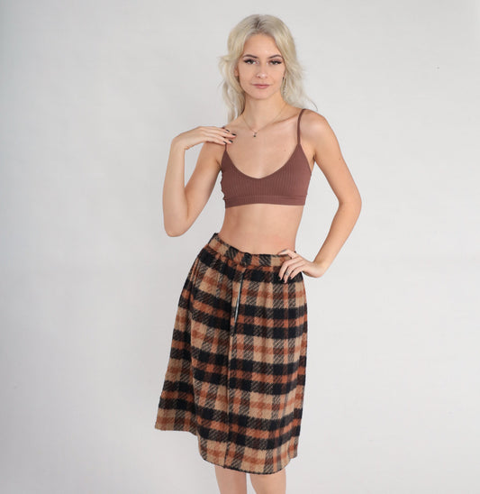 70s Brown Black Plaid Pleated Knee-Length Skirt High Waist Small
