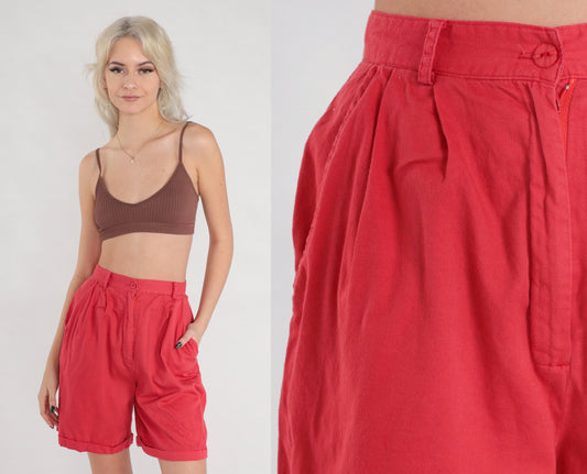 80s Red Pleated High-Waist Shorts Cotton Cuffed Extra Small XS