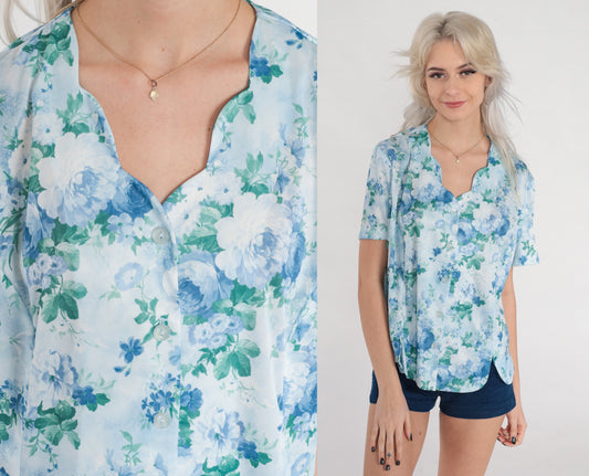 00s Blue Floral Rose Print Button Up Blouse Scalloped V Neck Short Sleeve Large
