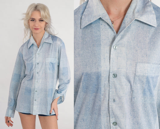 70s Joel Light Blue Checkered Button-Up Shirt Long Sleeve Collared Medium