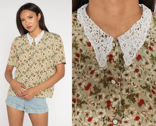 80s Floral Button-Up Blouse Lace Collar Green Red White Large