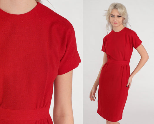 60s Red Wool Pencil Dress High Waisted Knee Length Short Sleeve Extra Small XS