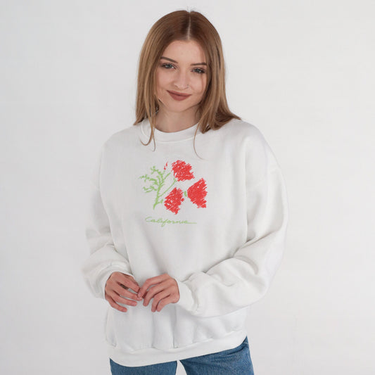 90s California Poppy Graphic Sweatshirt White Crewneck Pullover Large