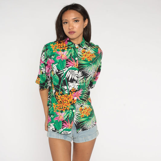 90s Tropical Floral Rayon Button-Up Shirt Green Botanical Short Sleeve Large L