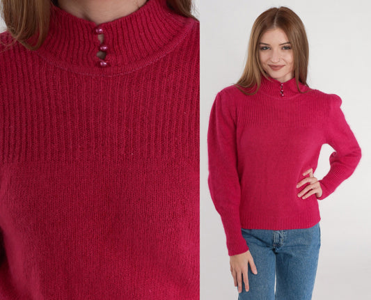 80s Deep Pink Mock Neck Puff Sleeve Knit Sweater Button Detail Medium M