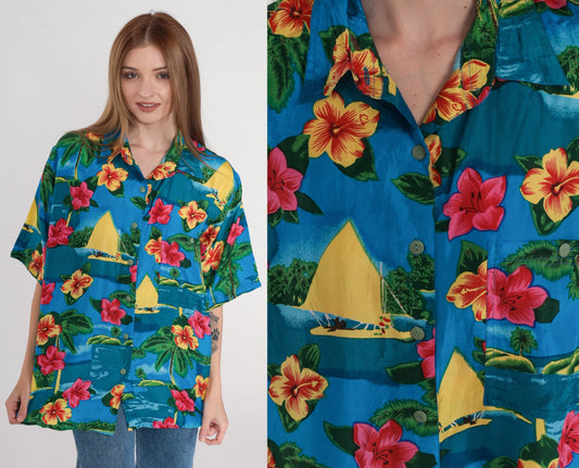 90s Blue Silk Hawaiian Shirt Tropical Hibiscus Sailboat Print Large L