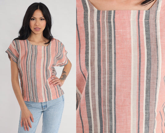 80s Pink Striped Button Shoulder Blouse Short Sleeve Top Medium