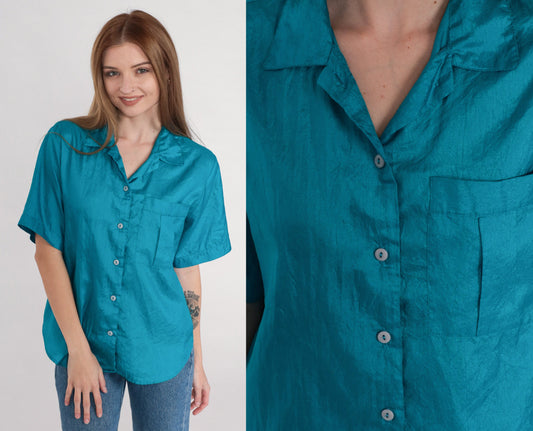 80s Blue Button-Up Shirt Short Sleeve Collared Blouse Chest Pocket Medium