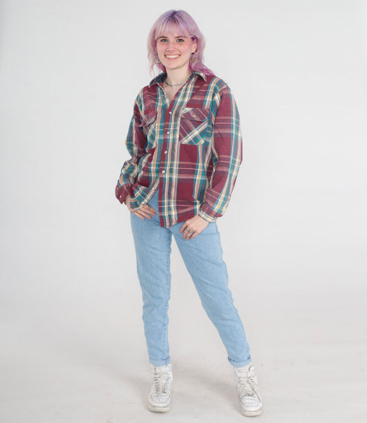 90s Burgundy Plaid Button-Up Shirt Long Sleeve Checkered Medium