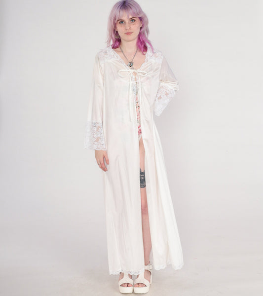 70s Gilead White Nylon Maxi Lingerie Robe Lace Trim Tie Front Small