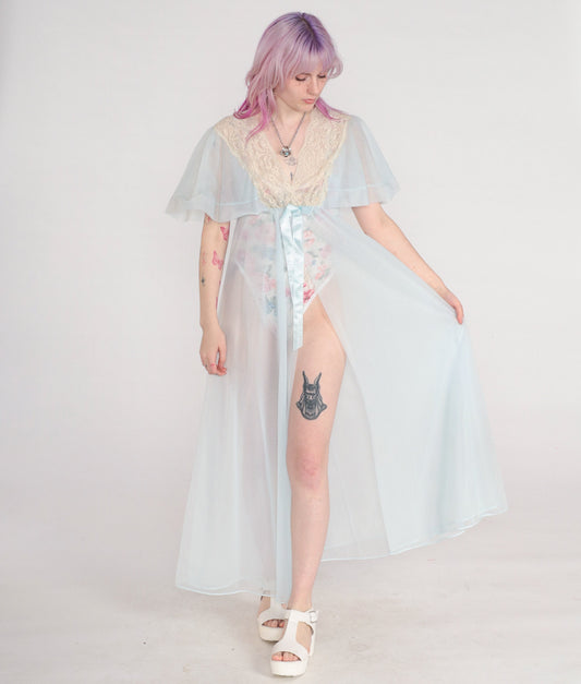 70s Sheer Baby Blue Nylon Lingerie Robe Maxi Lace Trim Empire Waist Small
