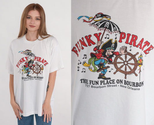 90s The Funky Pirate New Orleans Dive Bar Graphic T-Shirt White XL