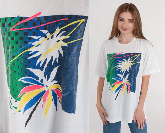 90s Tropical Palm Tree Graphic T-Shirt Single Stitch White Extra Large XL
