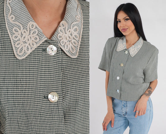 90s Black White Gingham Button-Up Blouse Soutache Collar Short Sleeve Medium M