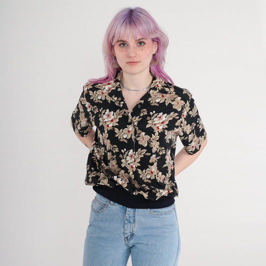 80s Alfred Dunner Floral Button-Up Blouse Black Banded Hem Medium