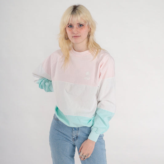 80s AT&T Color Block Long Sleeve Shirt Pink Aqua Crewneck Medium