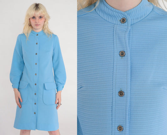 70s Mod Shift Dress Blue Ribbed Polyester Button Front Long Sleeve Small