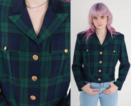 90s Talbots Plaid Wool Blazer Cropped Blue Green Tartan Small 6
