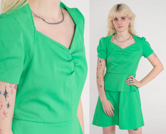 70s Spring Green Mini Dress Puff Sleeve V-Neck High Waist Peplum Small