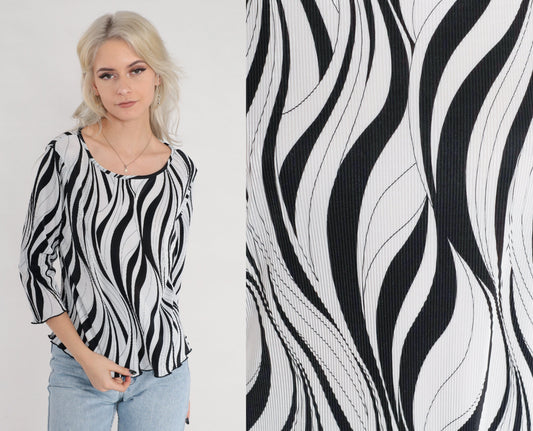 00s Black and White Abstract Pleated Blouse Zebra Print 3/4 Sleeve Medium Large