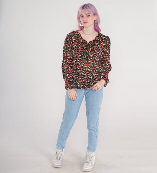 00s Floral Print Blouse Long Sleeve Ruffle Neckline Red Green Black Medium
