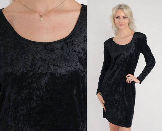 90s All That Jazz Black Velvet Mini Dress Long Sleeve Sheath Medium