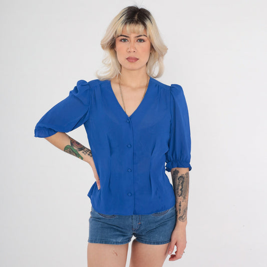70s Royal Blue Sheer Blouse Puff Sleeve Button Up V Neck Small
