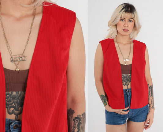 70s Red Sleeveless Vest Open Front Polyester Knit Small