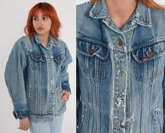 80s Lee Denim Jacket Distressed Ripped Blue Wash Trucker Small S