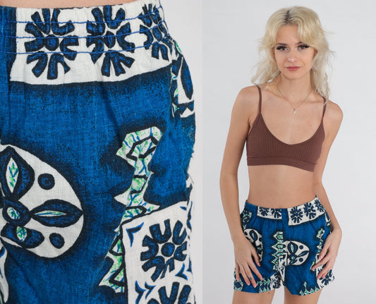 90s Hawaiian Floral Board Shorts Blue Geometric Print Swim Trunks Small