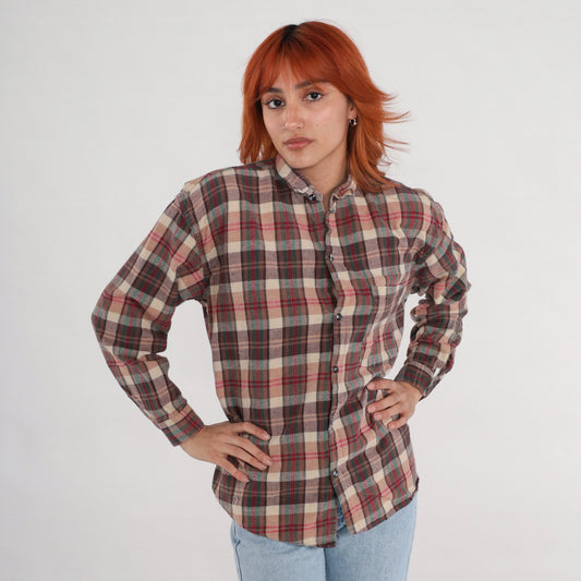 90s Brown Plaid Button-Up Shirt Long Sleeve Checkered Flannel Large L