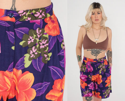 90s Tropical Floral High-Waist Shorts Purple Orange Rayon Medium
