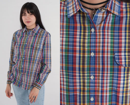 90s Blue Plaid Button Up Blouse Long Sleeve Cotton Blend Small S