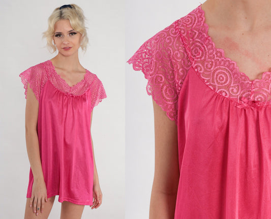90s Pink Lace Nylon Pajama Top Short Sleeve Tunic Small