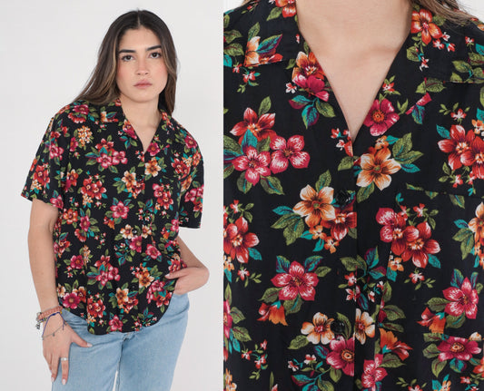 90s Black Tropical Floral Button-Up Shirt Short Sleeve Medium M