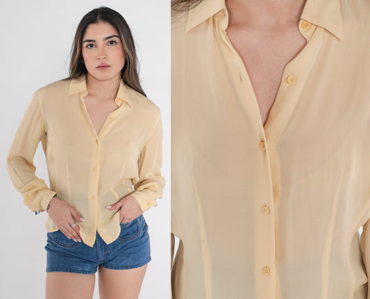 00s Pale Yellow Button-Up Blouse Balloon Sleeve Collared Shirt Medium M
