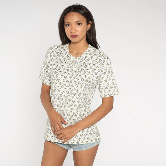 90s Floral Henley Shirt White Short Sleeve Quarter Button Cotton Top Medium