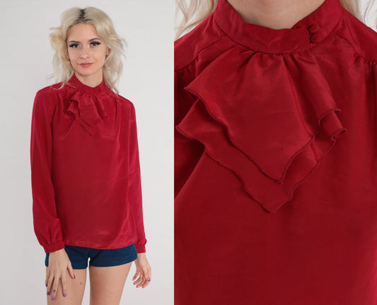 70s Red Ruffle Jabot Collar Blouse Long Sleeve Polyester Small