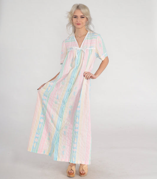80s Pastel Striped Seashell Print Maxi Nightgown Short Sleeve Snap Front Large L