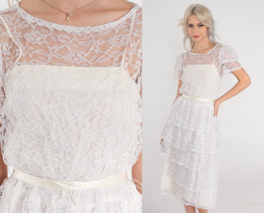 80s White Lace Midi Dress Floral Illusion Neckline Puff Sleeve Tiered Small